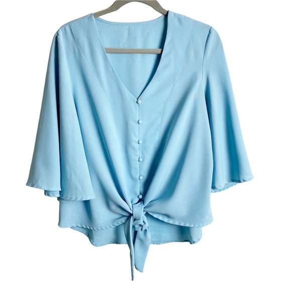 Luvamia - Light Blue Tie Front Blouse with Butterfly Sleeves - Sz. L‎ - Picture 2 of 7